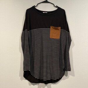 White Birch Black and White Striped Blouse with Brown Pocket